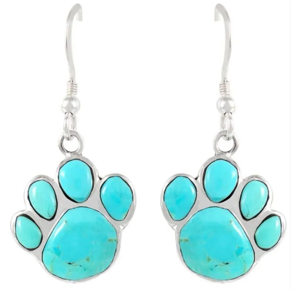 Turquoise Paw Print Drop Earrings - .925 Sterling Silver - Southwestern Style